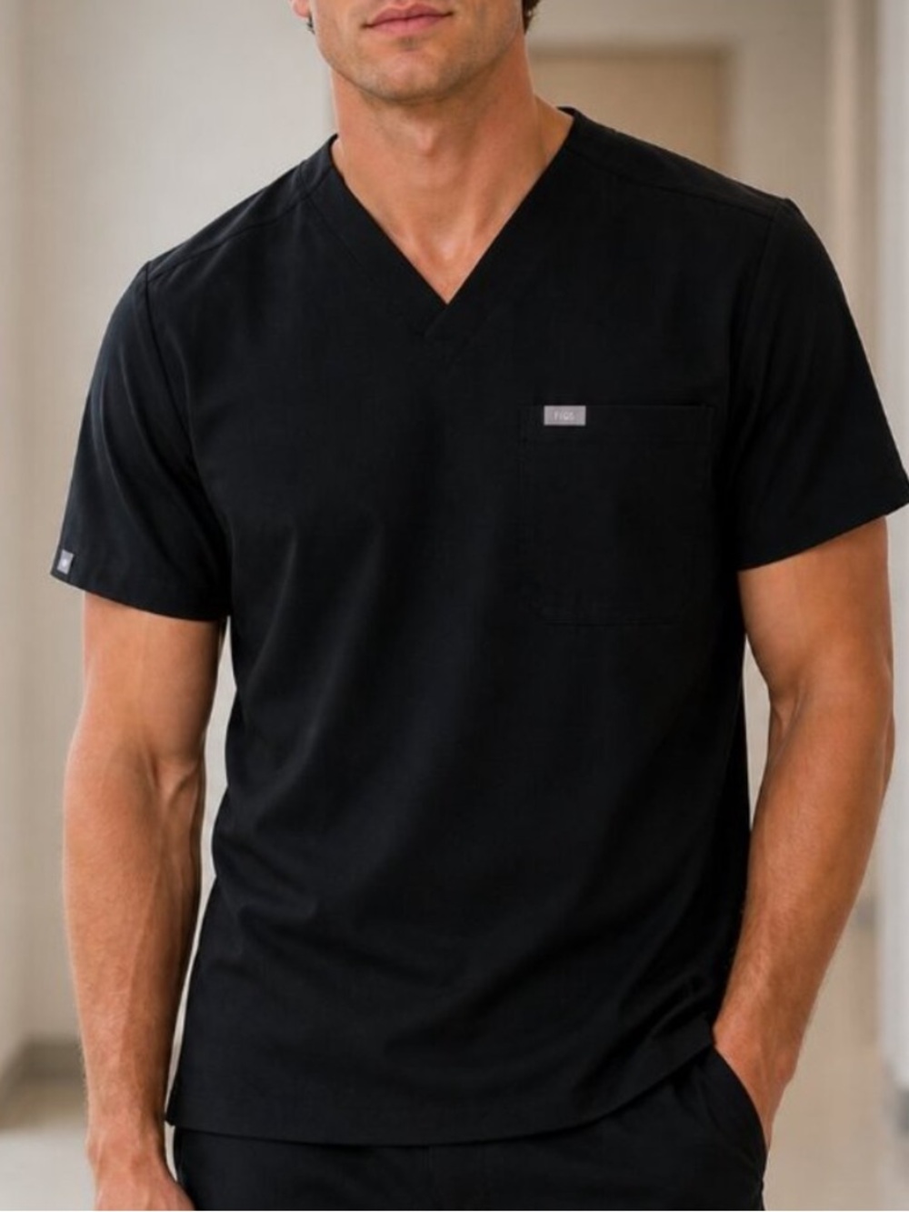 Figs Men's Black V-Neck Scrub Top